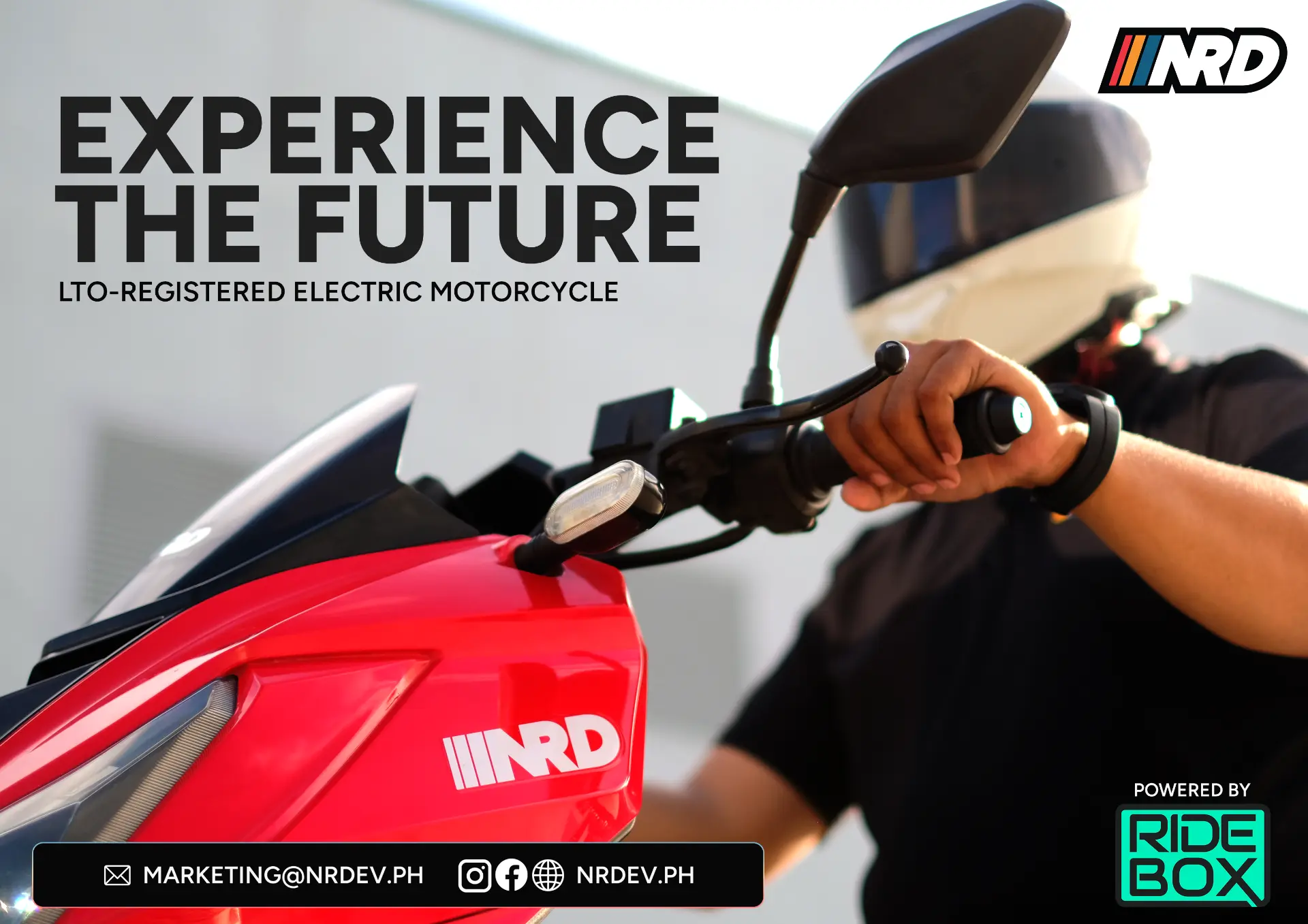 NRD and RideBox flyer featuring a rider on a red electric motorcycle