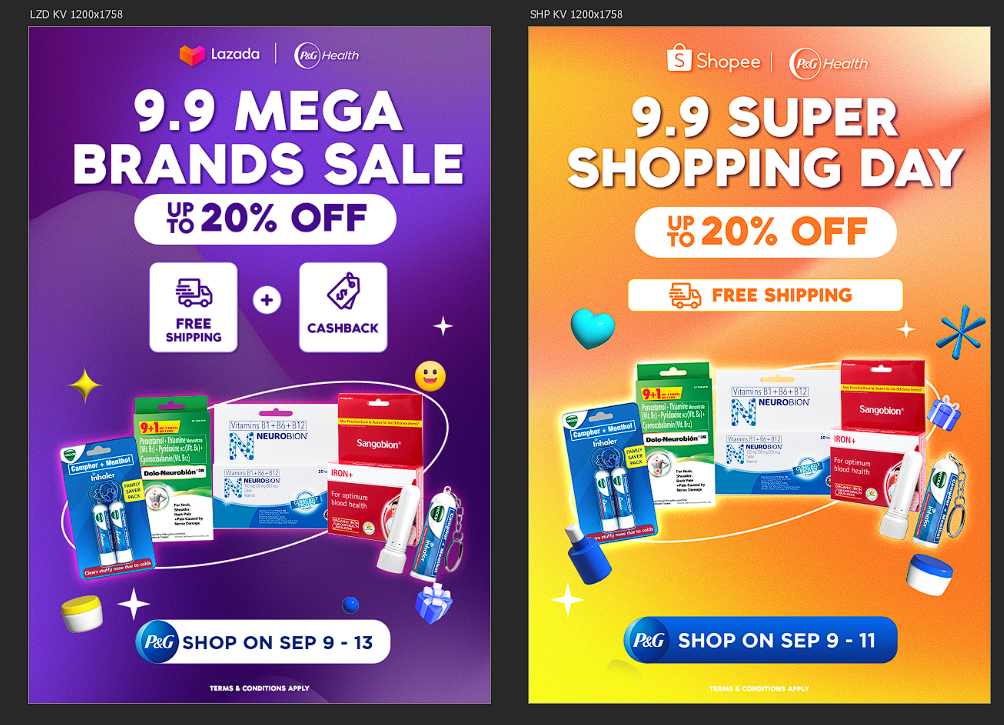 Two mega brand sale key visuals side by side with discount callouts and shopping mechanics