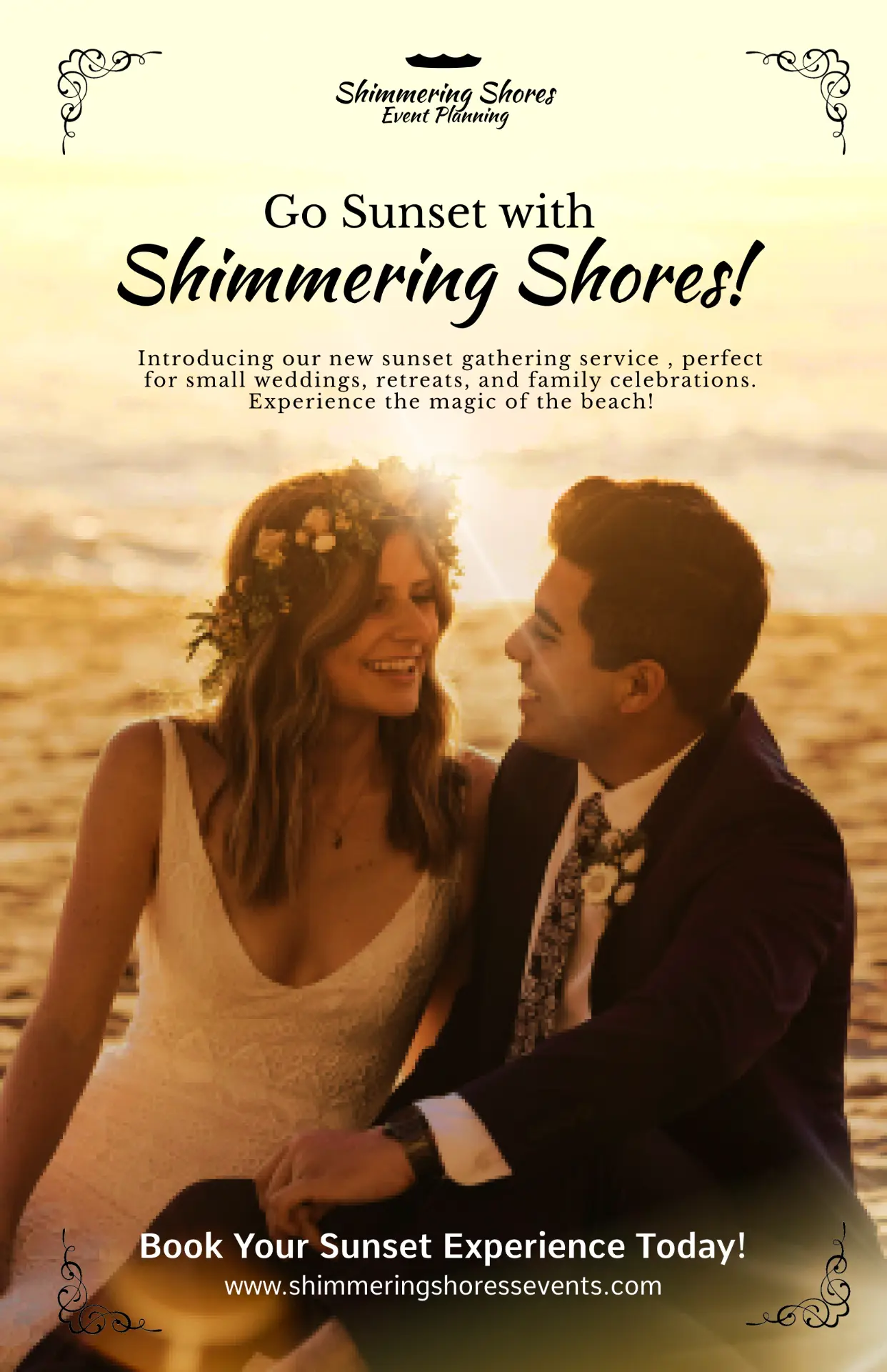Shimmering Shores sunset beach wedding poster with a couple at golden hour