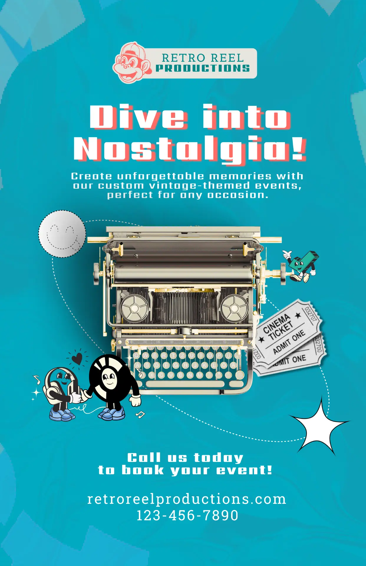 Retro Reel Productions poster reading Dive into Nostalgia with a vintage typewriter on teal