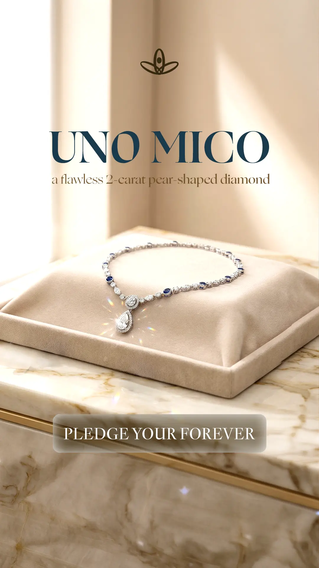 Uno Mico portrait product still with diamond necklace and Pledge Your Forever call to action