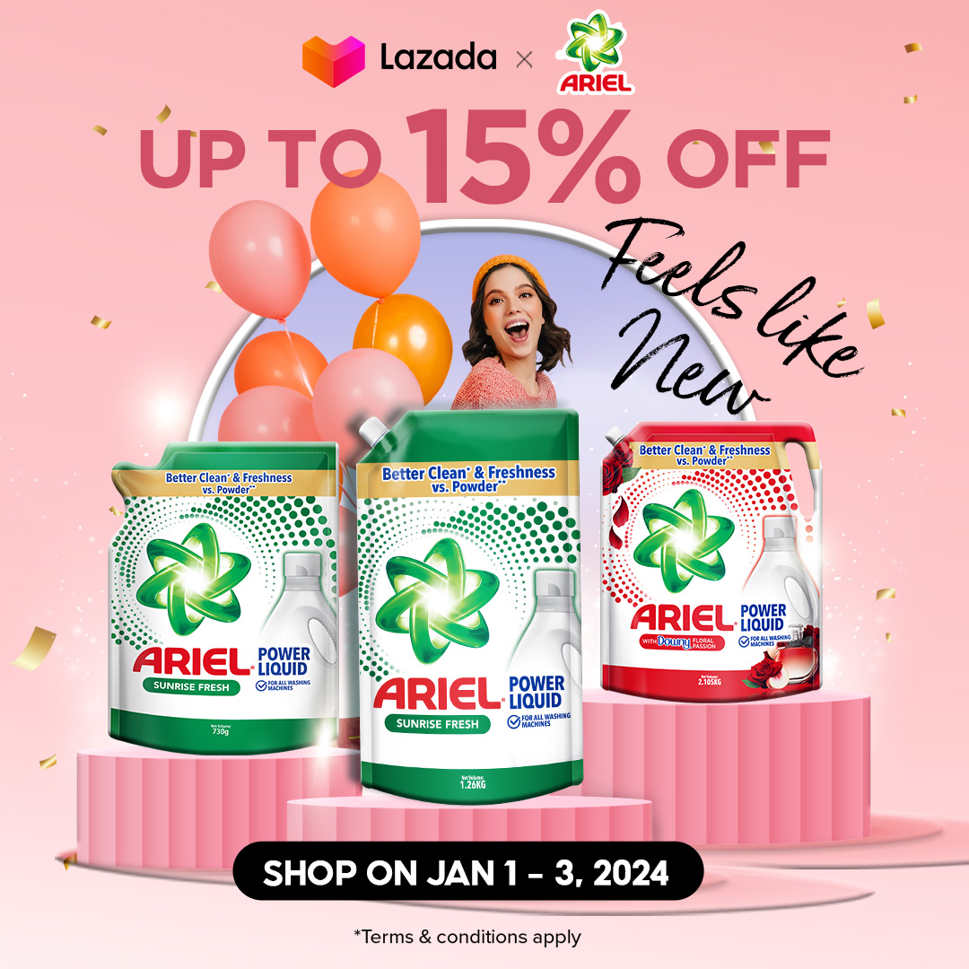 Lazada x Ariel square campaign key visual with Power Liquid packs on pink plinths and a 15% off callout