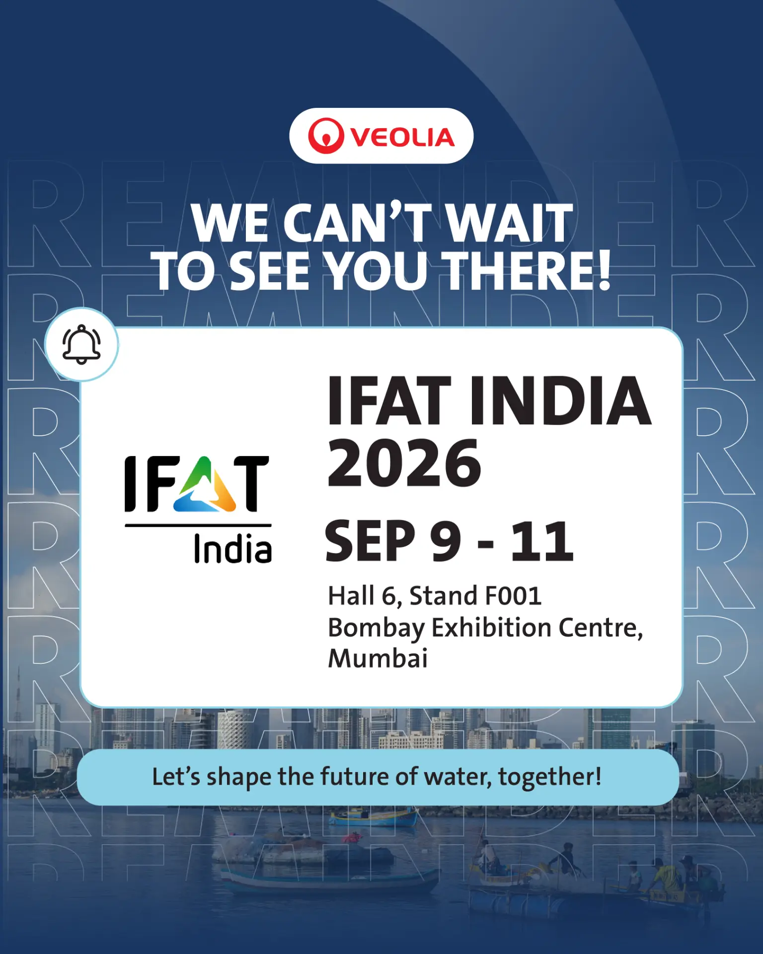 Veolia IFAT India 2026 poster with reminder lettering, event dates and Bombay Exhibition Centre venue card