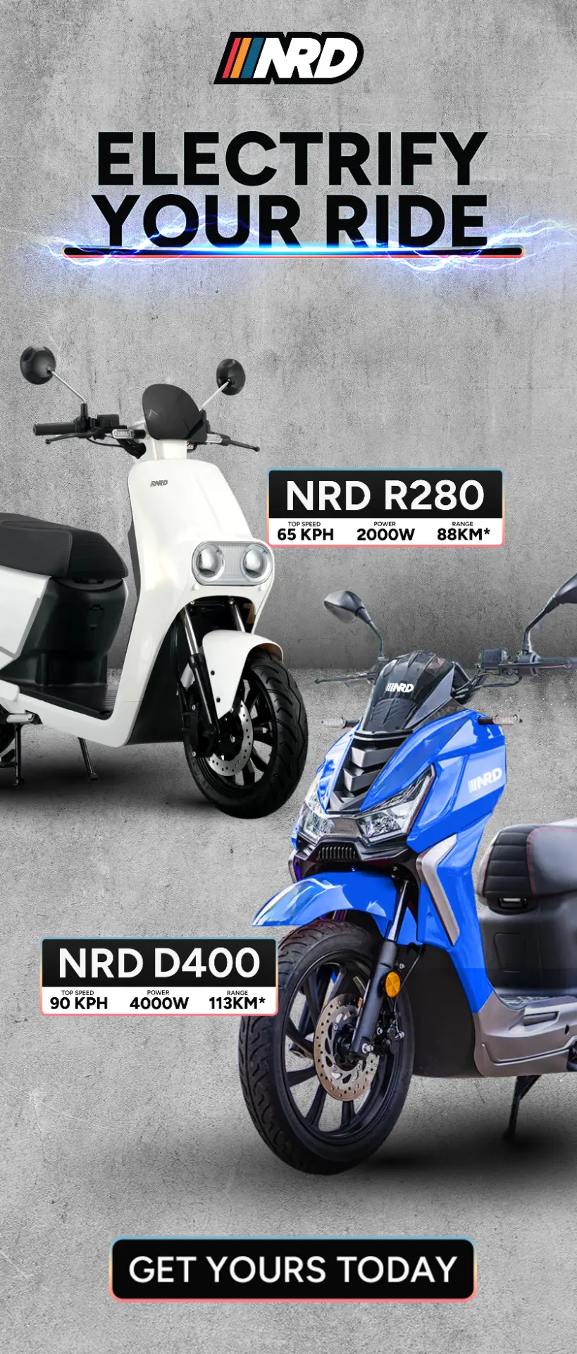 Tall NRD roll-up banner featuring the R280 and D400 electric motorcycles
