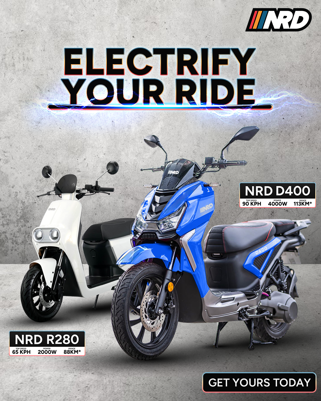 NRD Electrify Your Ride flyer featuring the R280 and D400 electric motorcycles