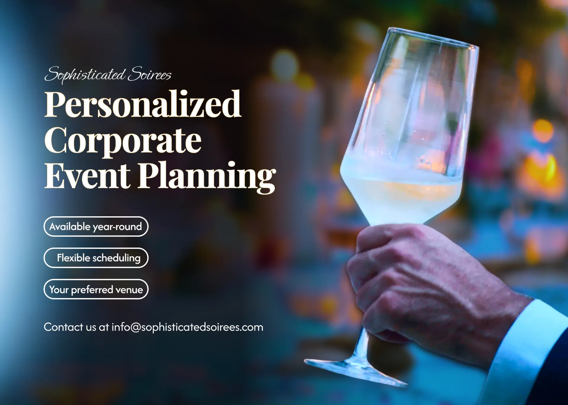 Sophisticated Soirees corporate event planning layout with a hand raising a wine glass