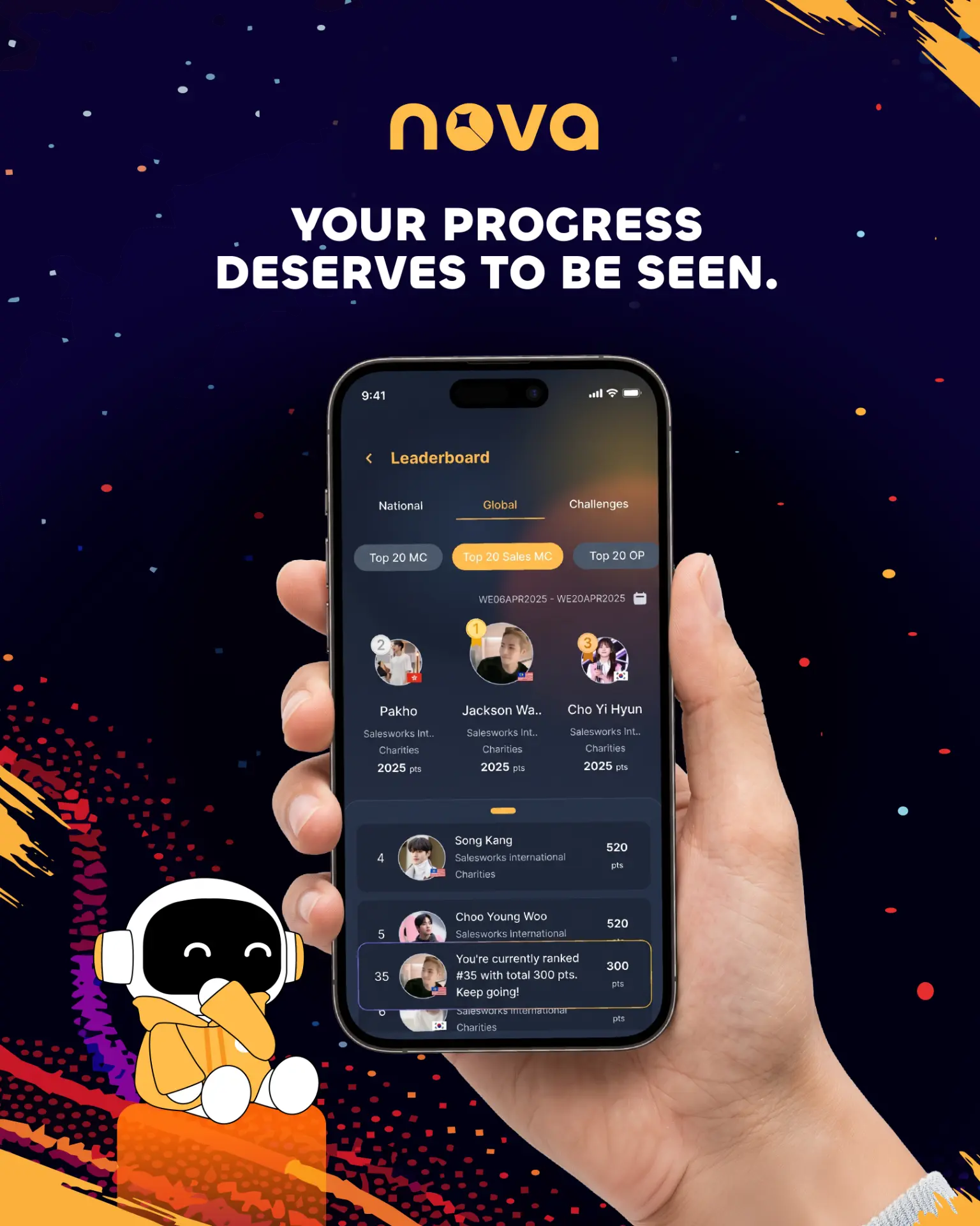 Nova creative showing a phone leaderboard screen held in hand with the mascot, reading Your Progress Deserves to Be Seen