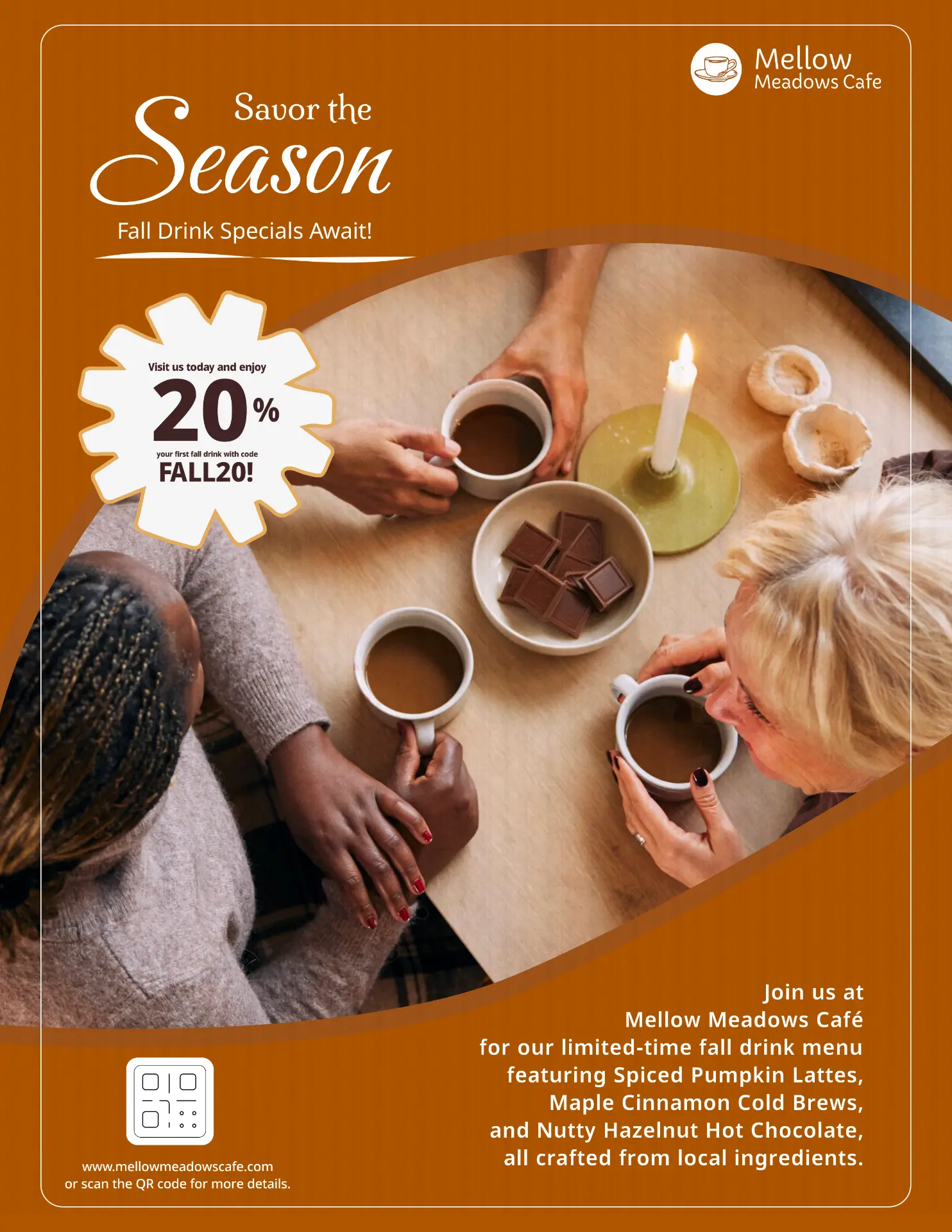 Mellow Meadows Café Savor the Season poster in burnt orange with friends holding coffee cups and a 20% off badge