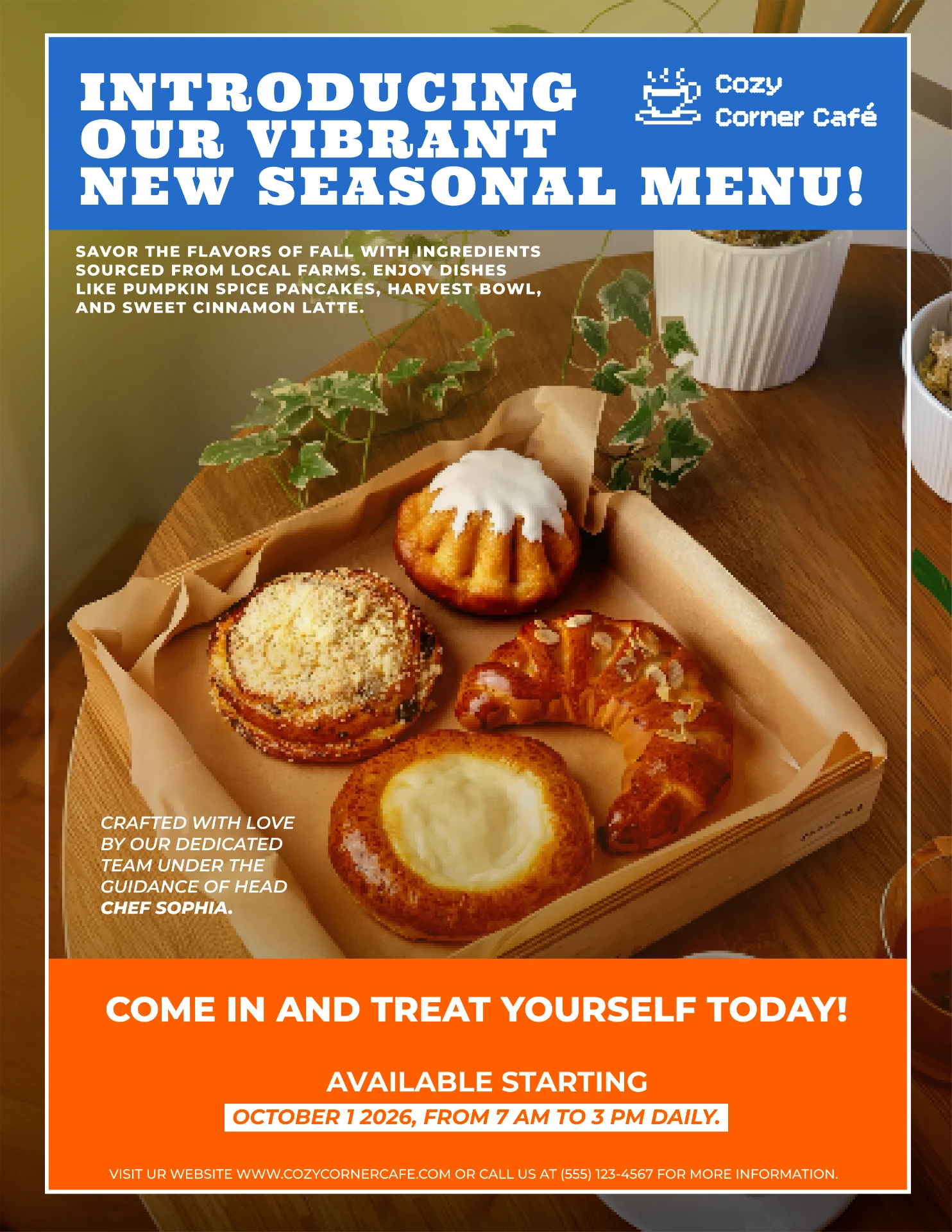 Cozy Corner Café poster introducing a vibrant new seasonal menu with a tray of pastries