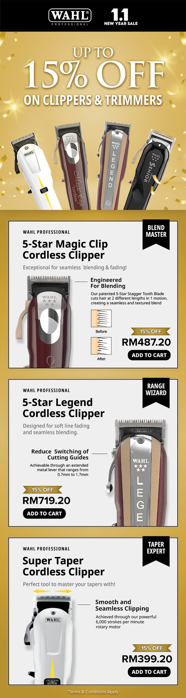 Grooming appliance store page layout with promo header and stacked product listing blocks