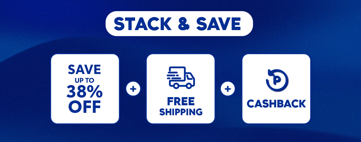 Stack and save banner pairing discount, free shipping and cashback mechanics