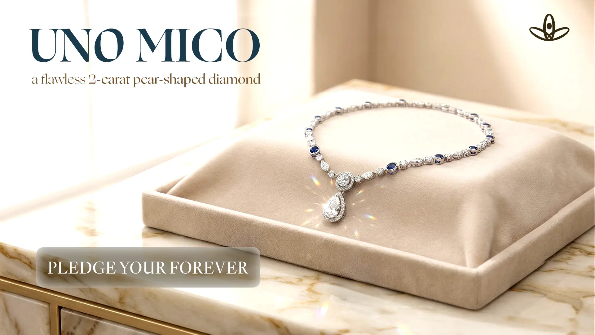 Uno Mico landscape product campaign with diamond necklace and Pledge Your Forever call to action