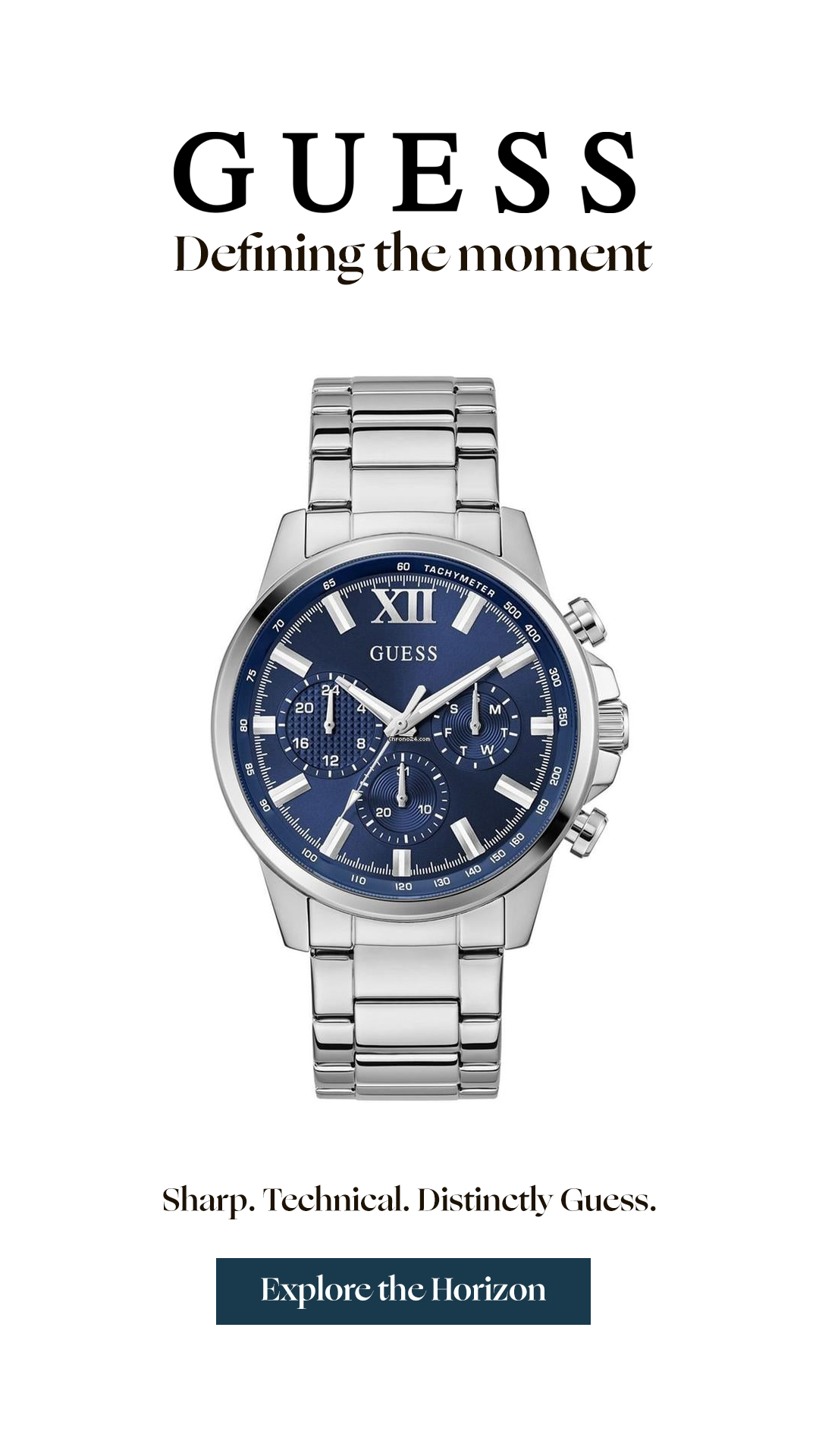 Guess silver chronograph product campaign on a white background