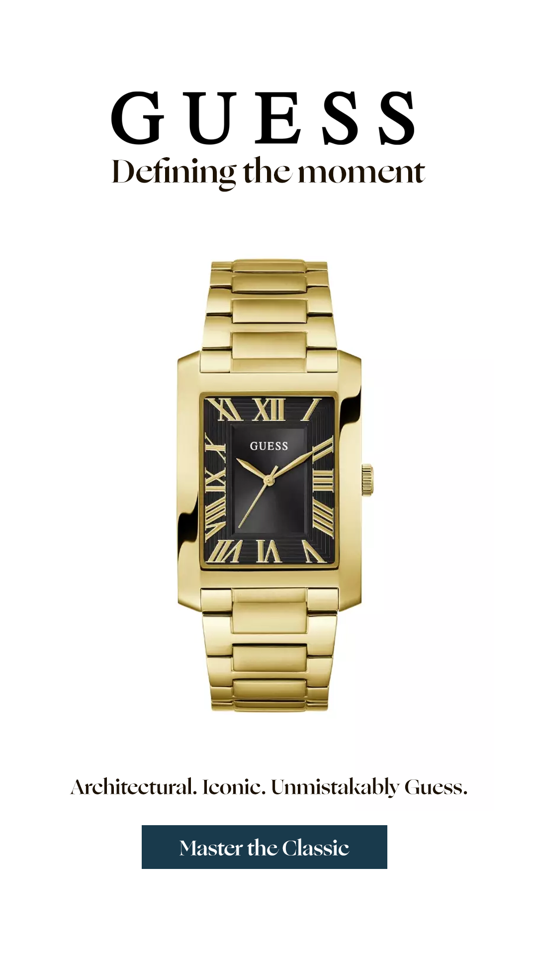 Guess rectangular gold watch product campaign on a white background