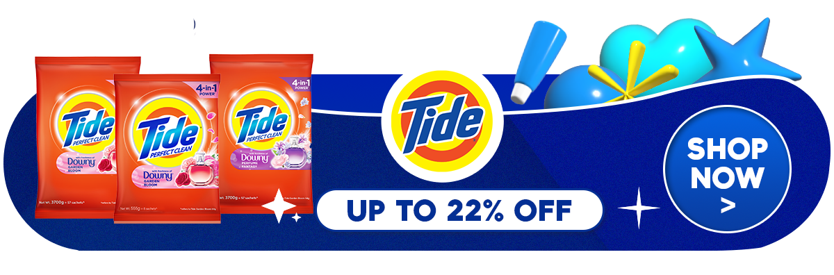 Detergent marketplace banner with three product packs and a discount callout