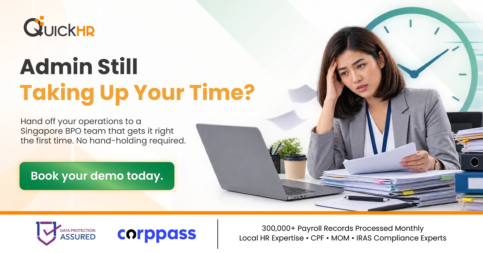 QuickHR Meta banner asking Admin Still Taking Up Your Time? with an HR officer behind paperwork and a clock motif