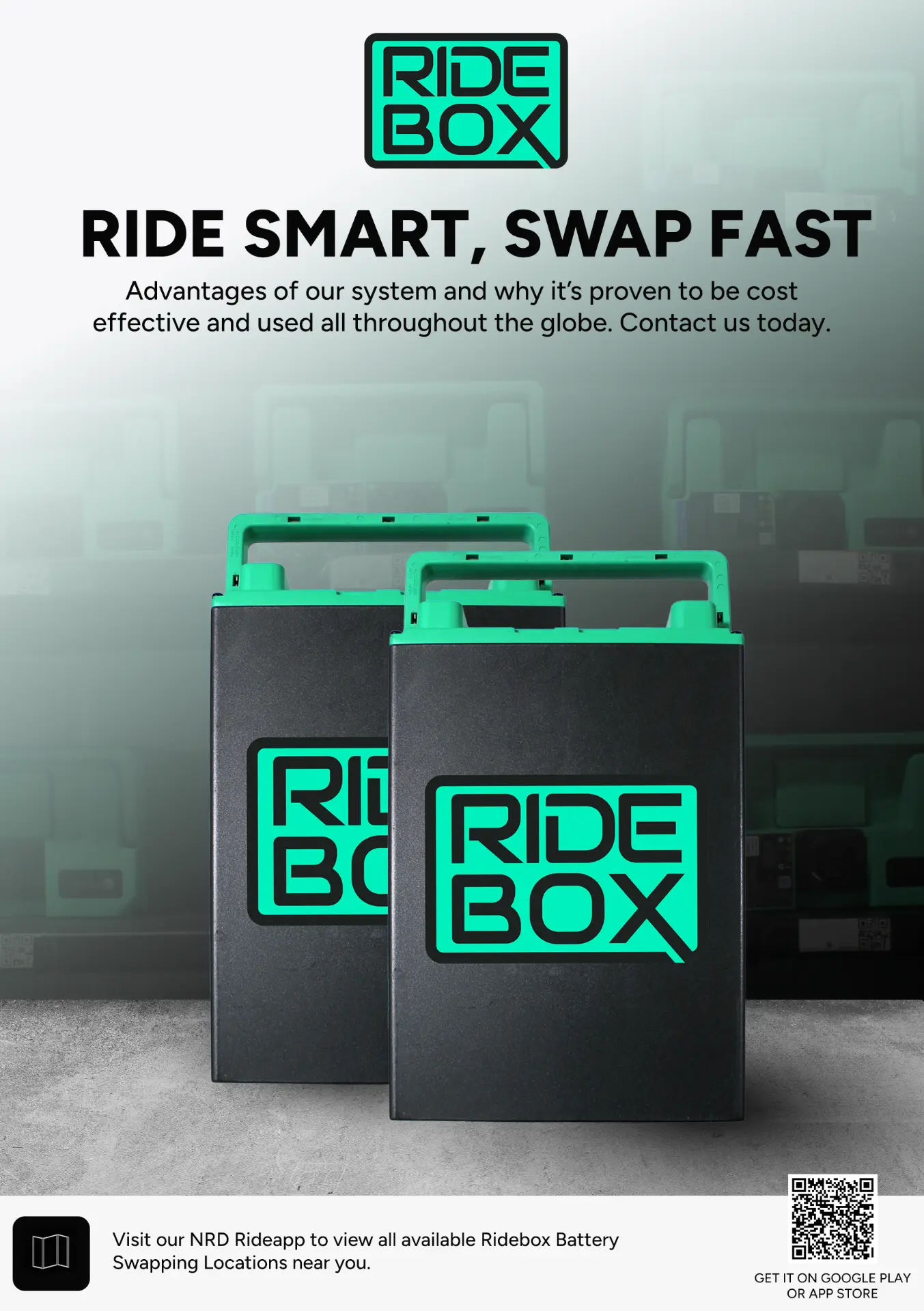 RideBox flyer showing two swappable batteries beneath the headline Ride Smart, Swap Fast