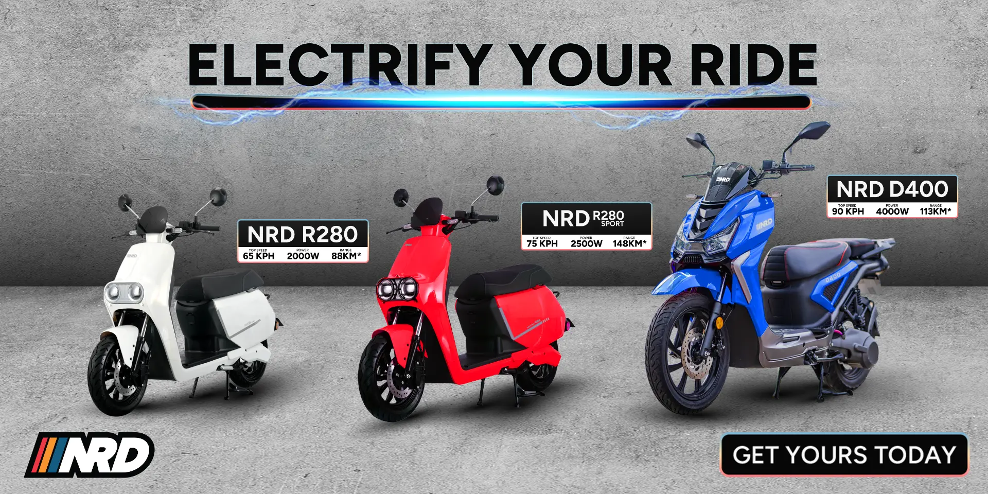 Wide NRD billboard featuring three electric motorcycle models and their specifications