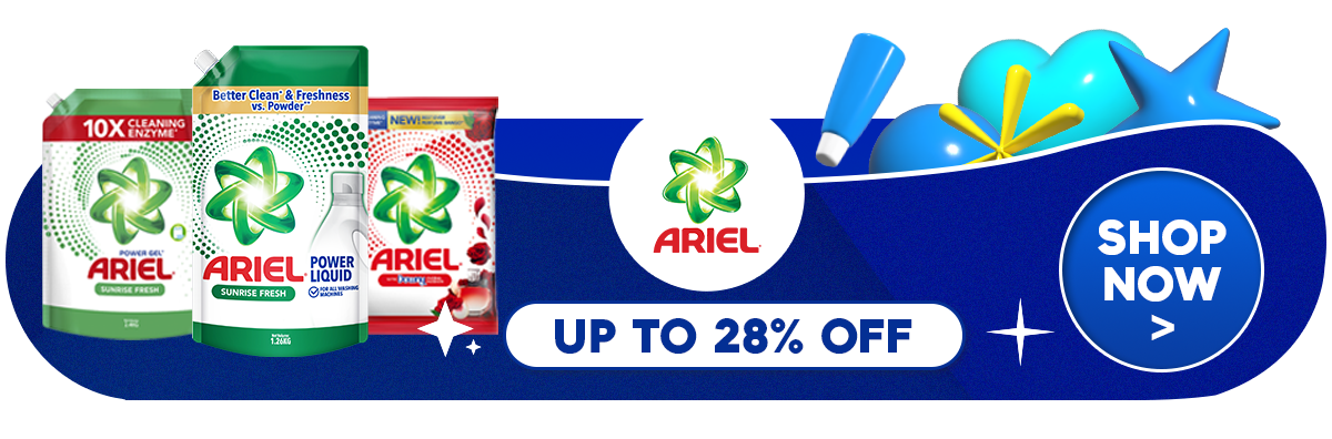 Marketplace promo banner with laundry care product range, discount callout and Shop Now button