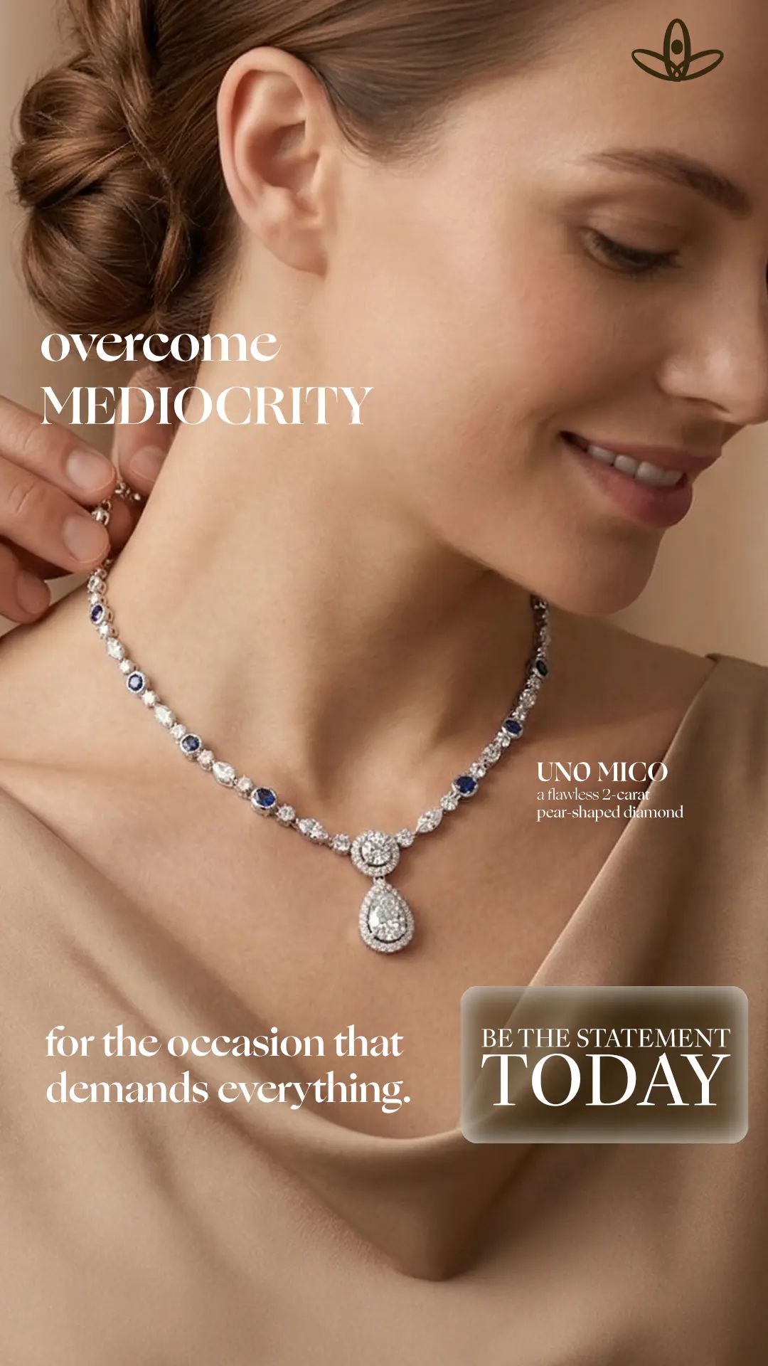 Uno Mico portrait campaign featuring a model wearing the pear-shaped diamond necklace