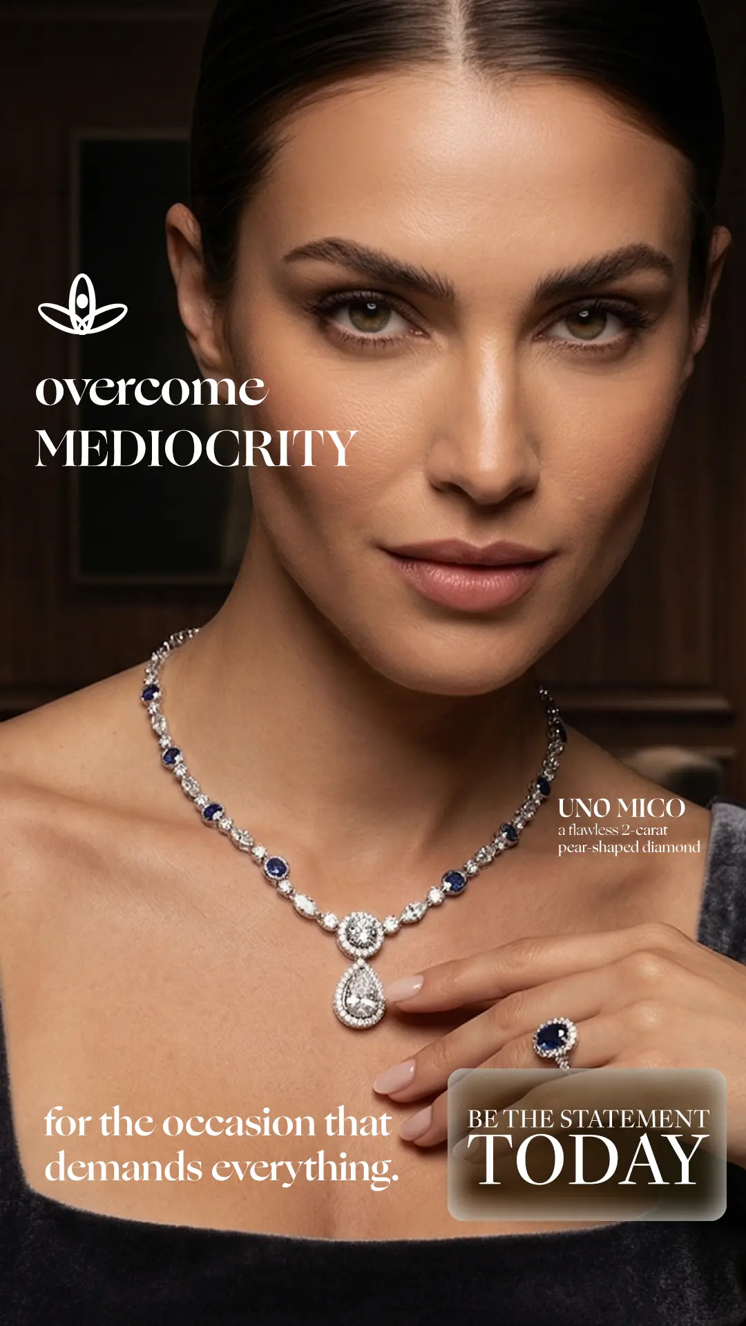 Uno Mico dark portrait campaign featuring a model wearing the diamond necklace and ring