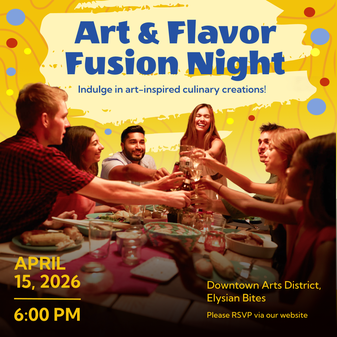 Art and Flavor Fusion Night poster with friends toasting at a dinner table on a yellow painterly ground
