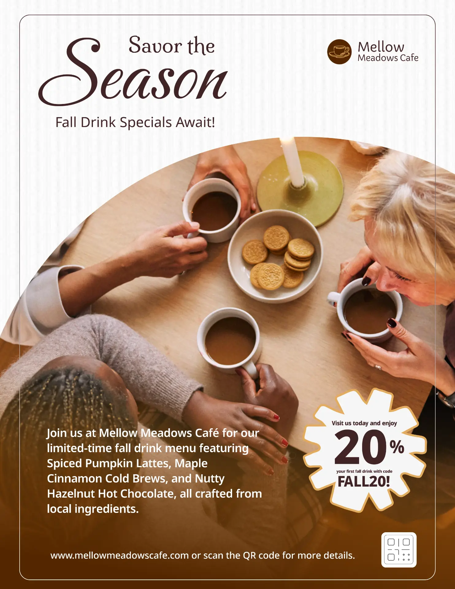 Mellow Meadows Café Savor the Season poster in a light cream layout with an overhead coffee table shot