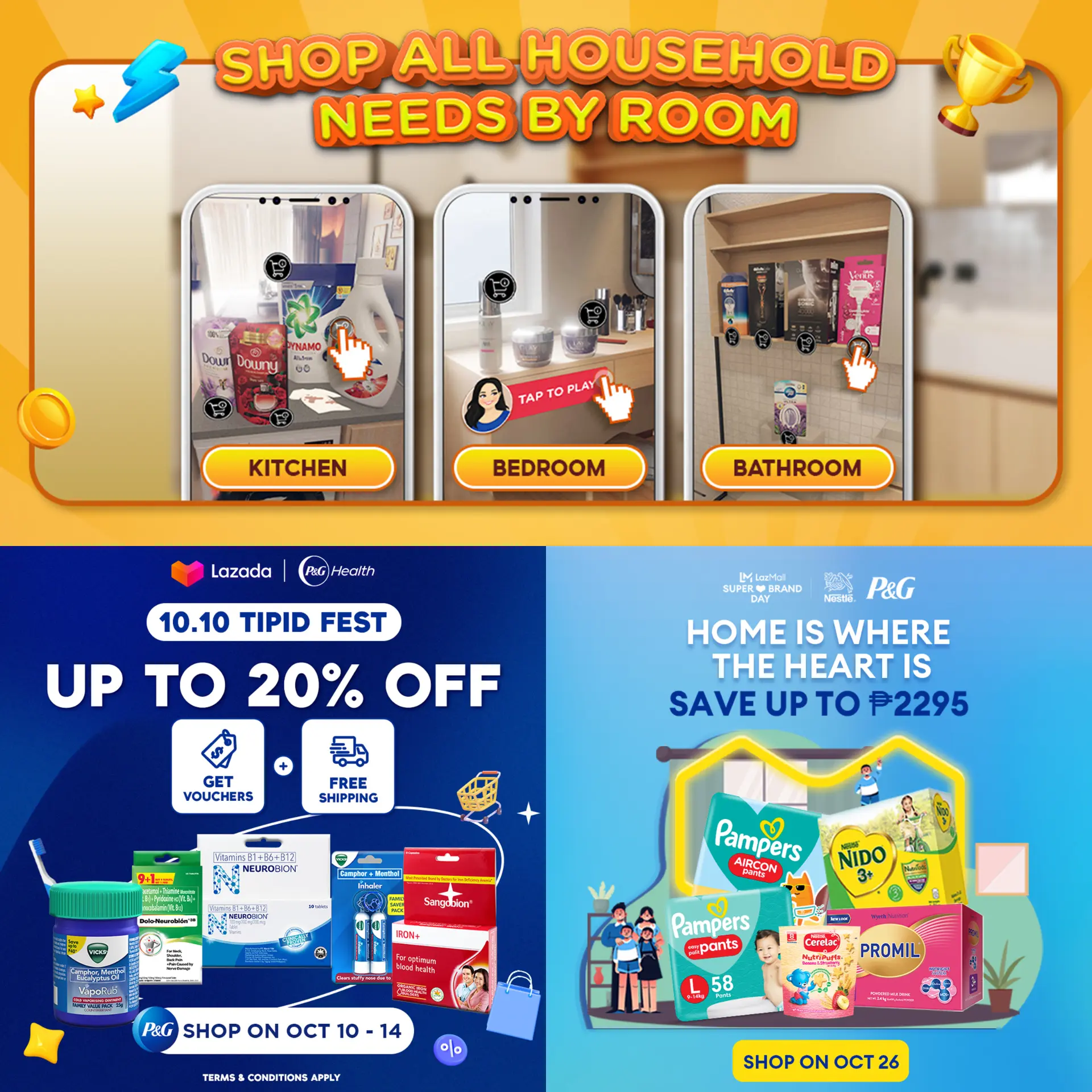 Shop household needs by room interactive module plus P&G Health and Nestle super brand day sale banners
