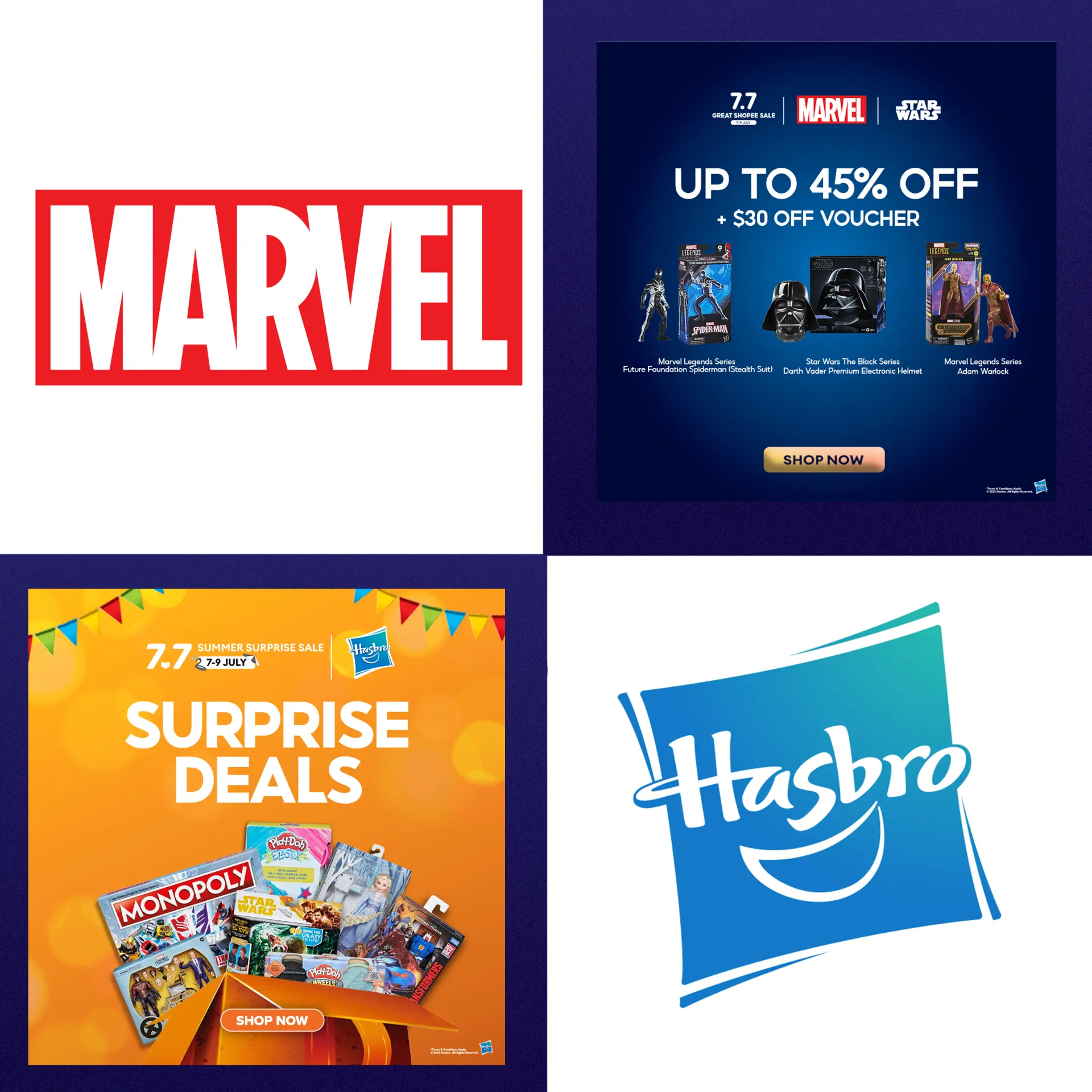Marvel and Hasbro marketplace campaign set with 7.7 Great Shopee Sale toy deals and surprise deals banner