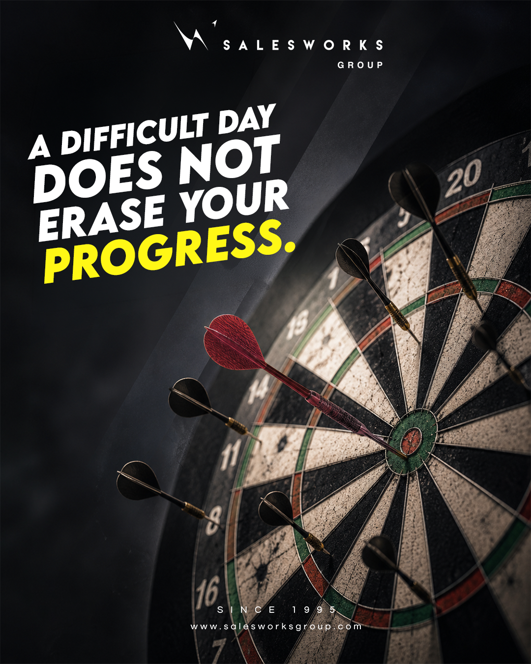 Salesworks poster of a dartboard with the line A difficult day does not erase your progress