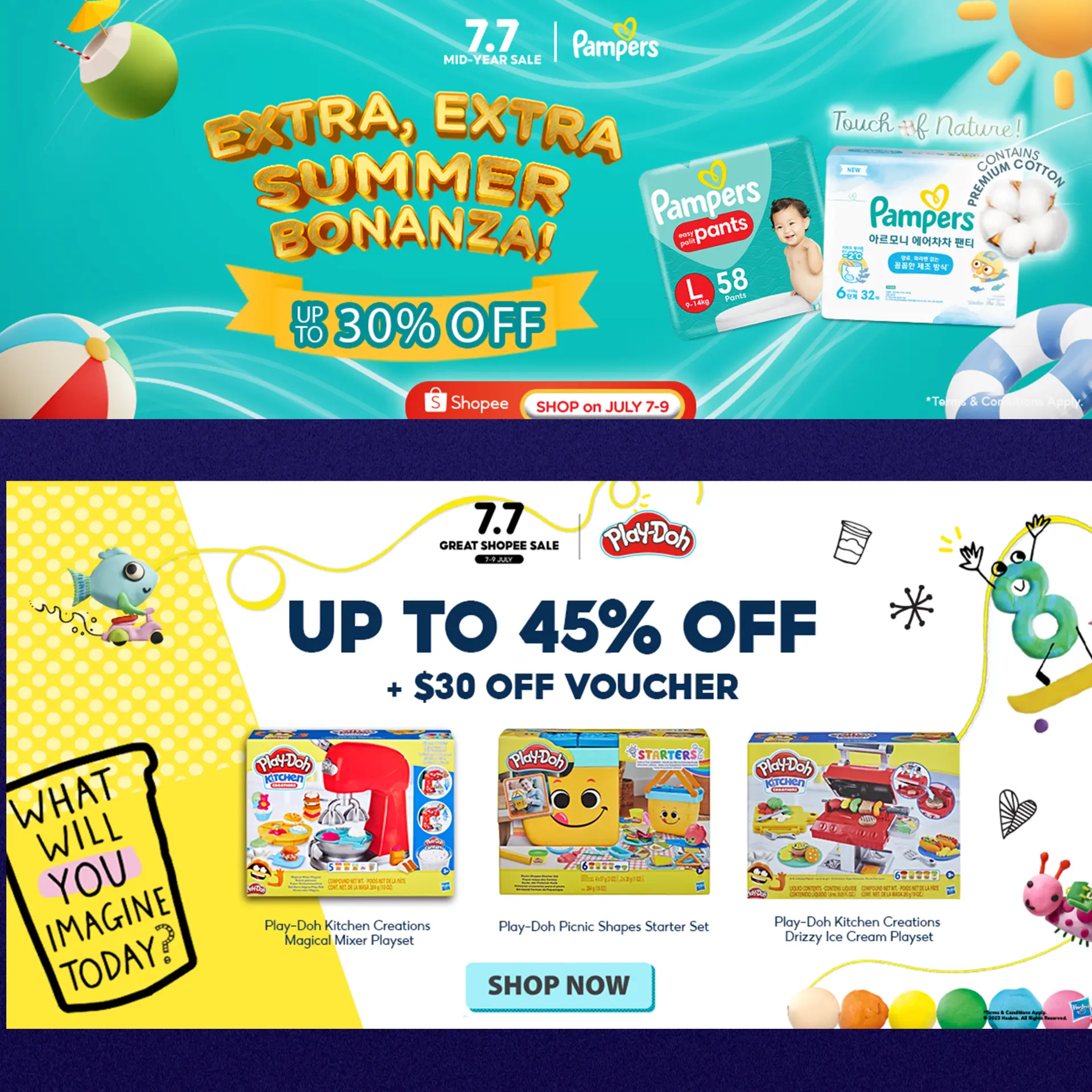 Pampers summer bonanza banner and Play-Doh great sale banner with product line-ups and Shop Now buttons