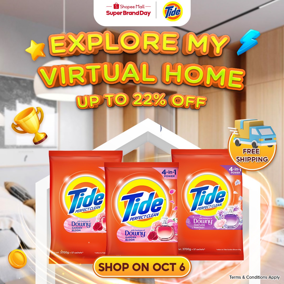 Square social creative with a home interior scene, detergent packs and an explore campaign headline