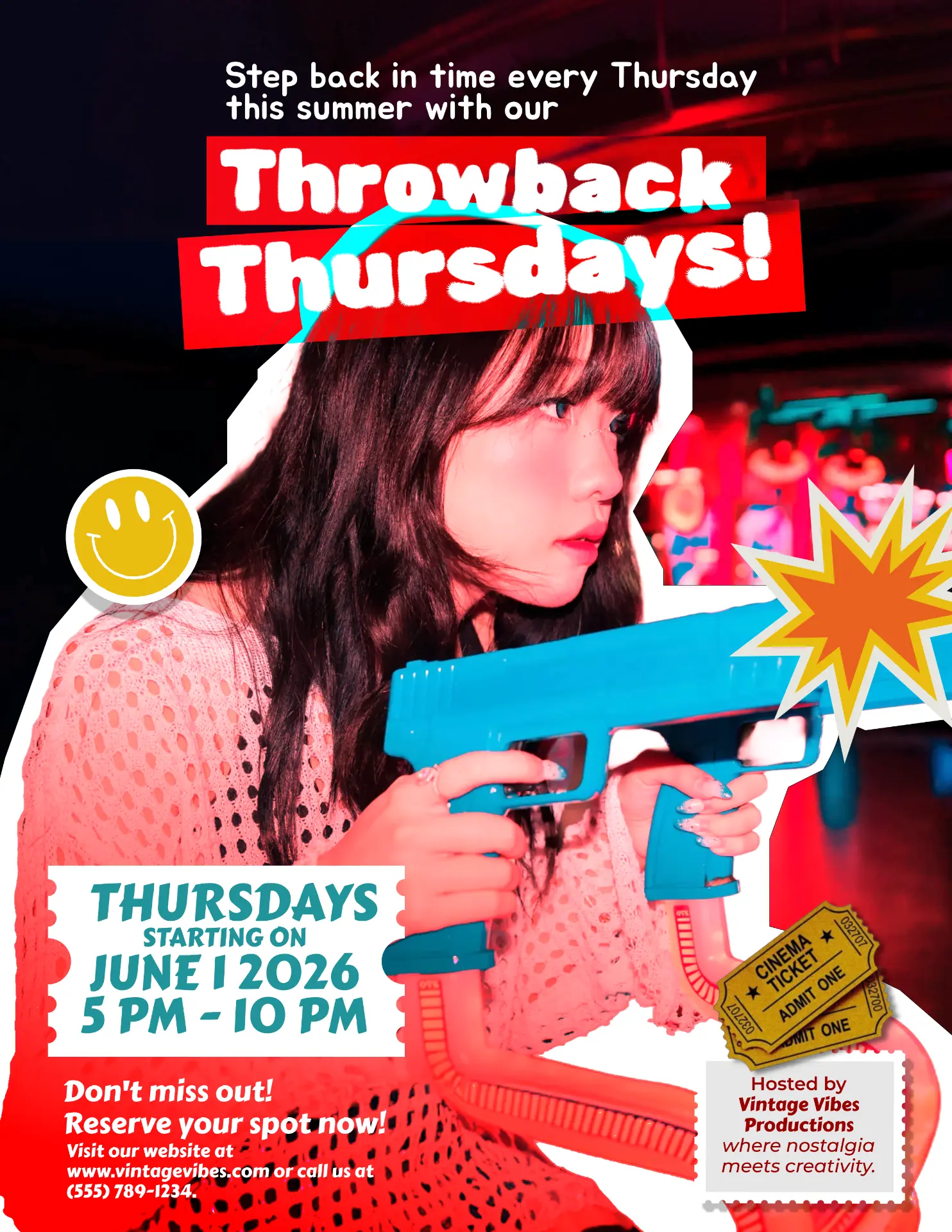 Throwback Thursdays poster in red and cyan with a retro portrait and Thursday session times