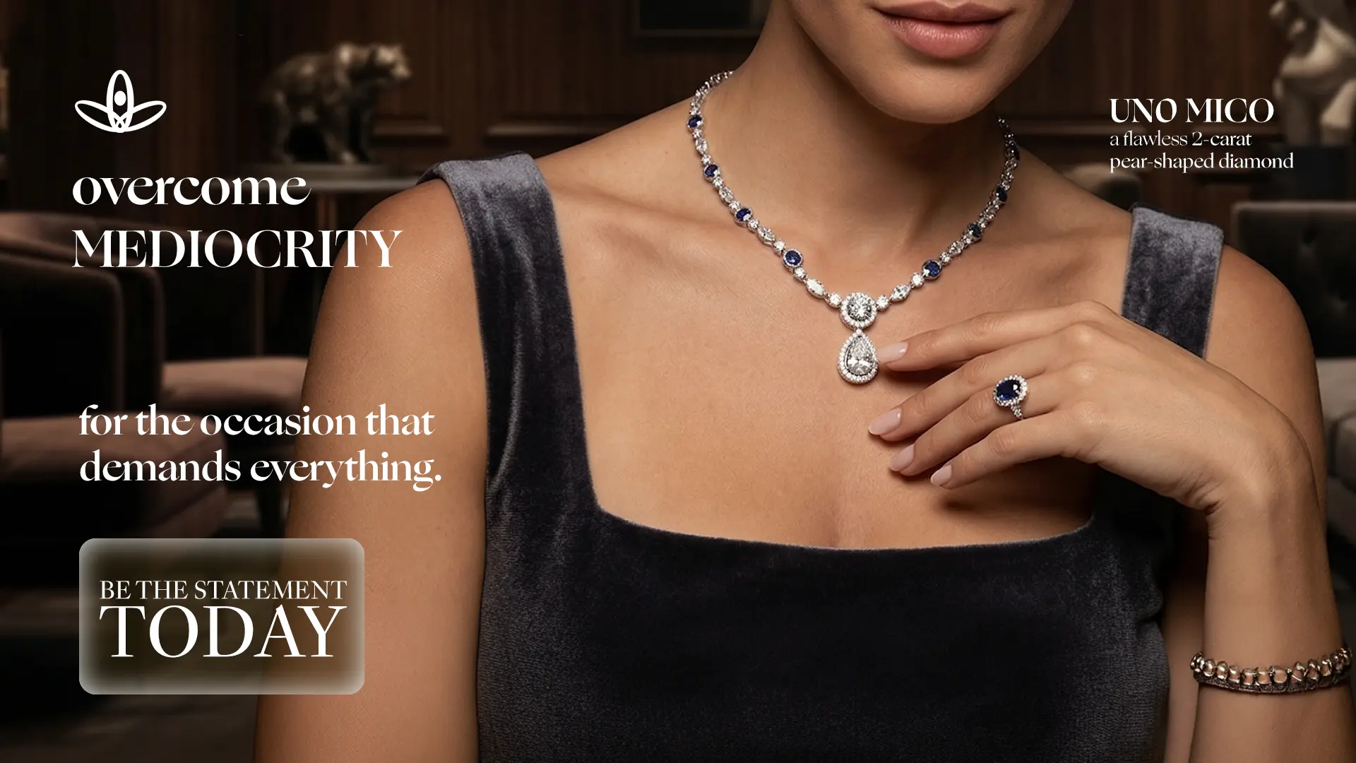 Uno Mico landscape campaign featuring a model wearing the diamond necklace