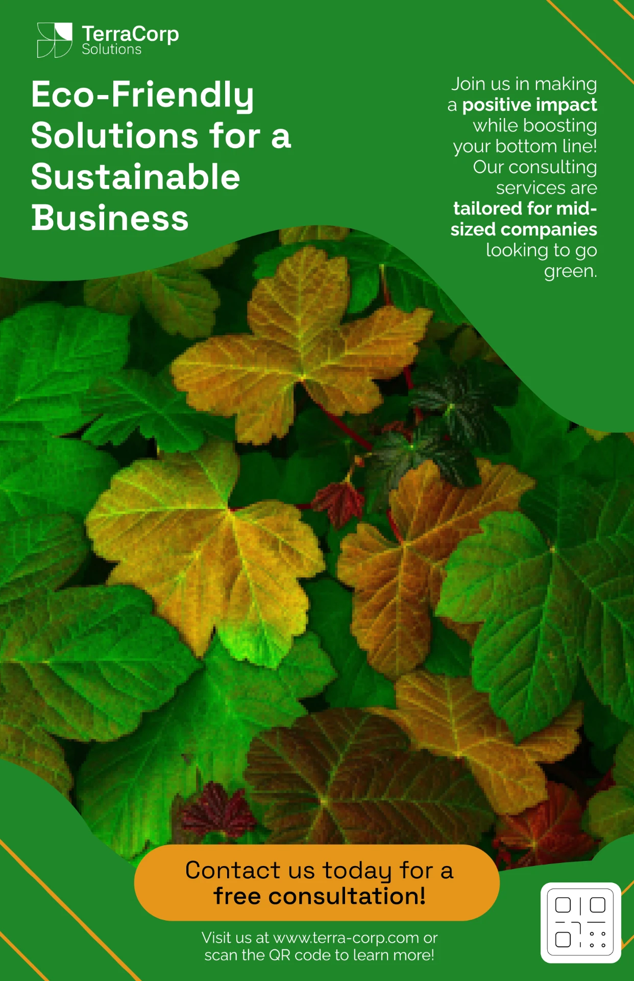 TerraCorp Solutions sustainability consulting poster with layered green leaves and a consultation call to action