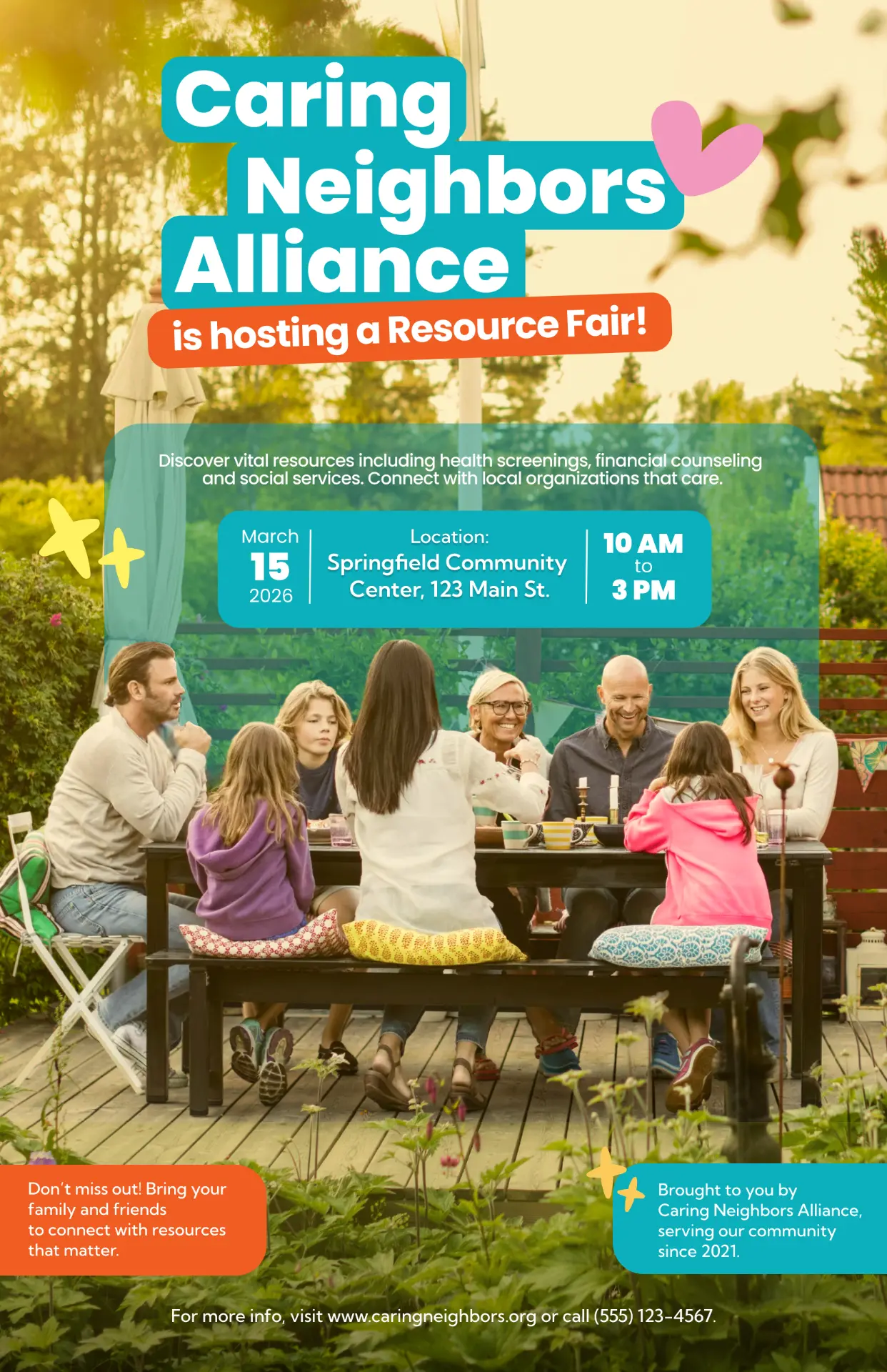 Caring Neighbors Alliance resource fair poster with a family gathered at an outdoor table
