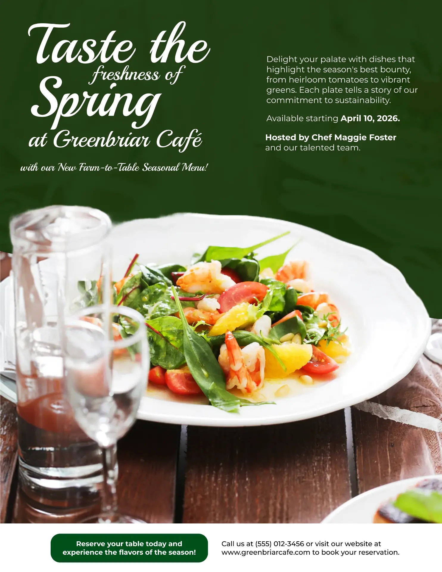 Greenbriar Café Taste the freshness of Spring poster with a shrimp salad plate on a deep green ground