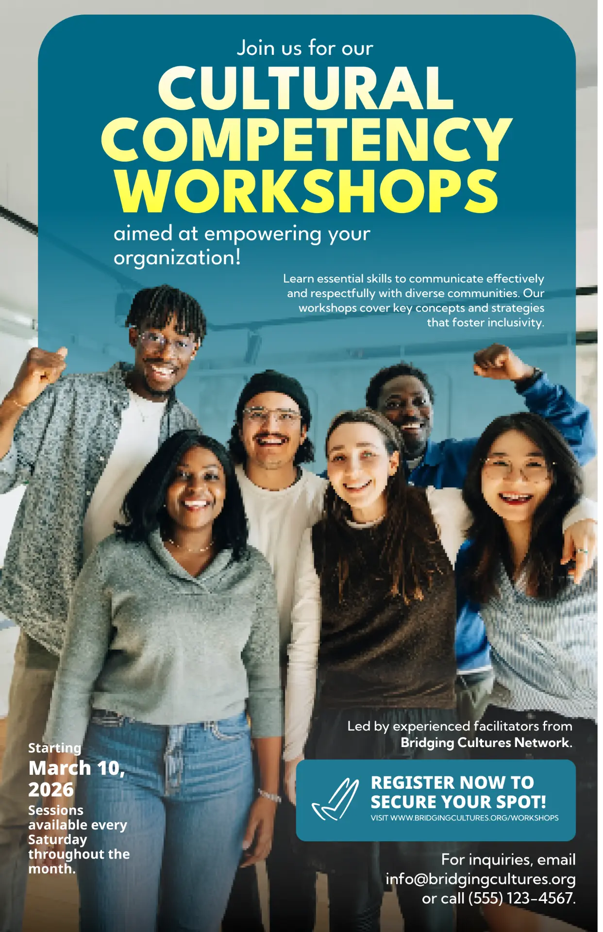 Bridging Cultures Network cultural competency workshops poster with a group of smiling participants