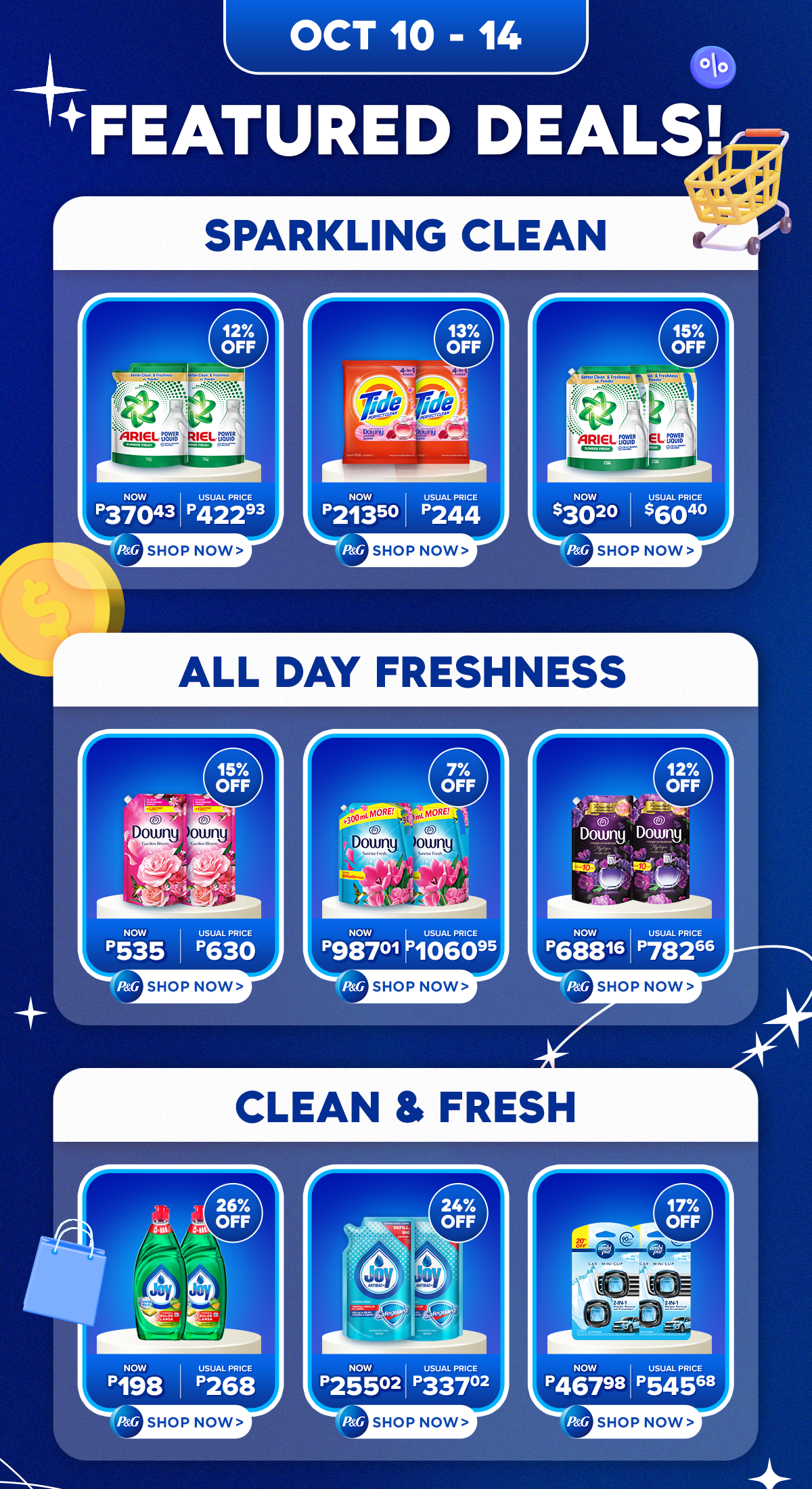 Tall featured deals module with grouped product tiles, price blocks and category headers