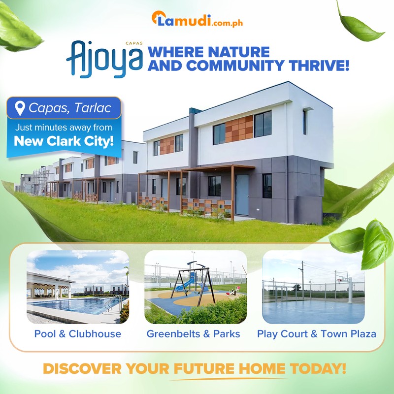 Lamudi creative for Ajoya Capas in Tarlac showing amenity thumbnails and a green landscape