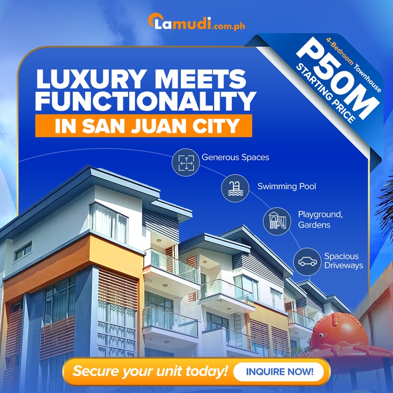 Lamudi listing creative for a San Juan City townhouse, headline reading Luxury Meets Functionality