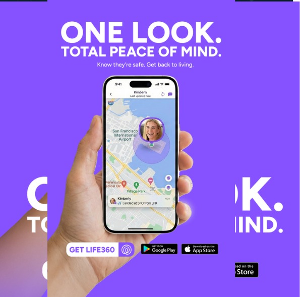 Life360 app marketing creative with a phone showing live location tracking and the headline One look. Total peace of mind.