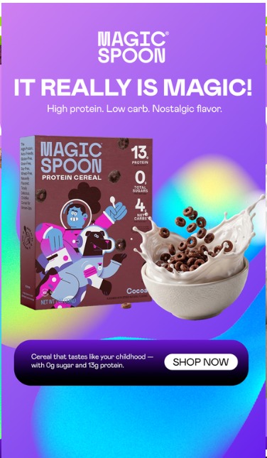 Magic Spoon social ad with the cereal box over a bright gradient and the headline It really is magic