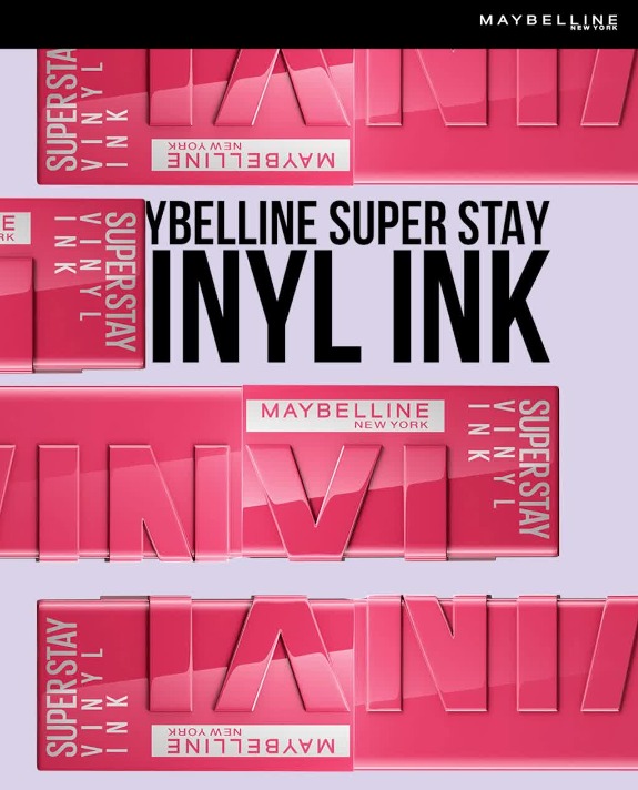 Maybelline Super Stay Vinyl Ink kinetic typography frame with glossy repeated wordmarks in pink