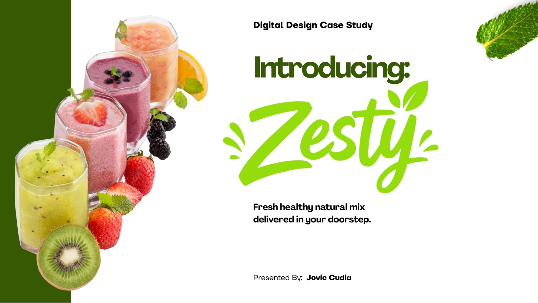 Zesty case study title slide with fruit smoothies and the Zesty script logo