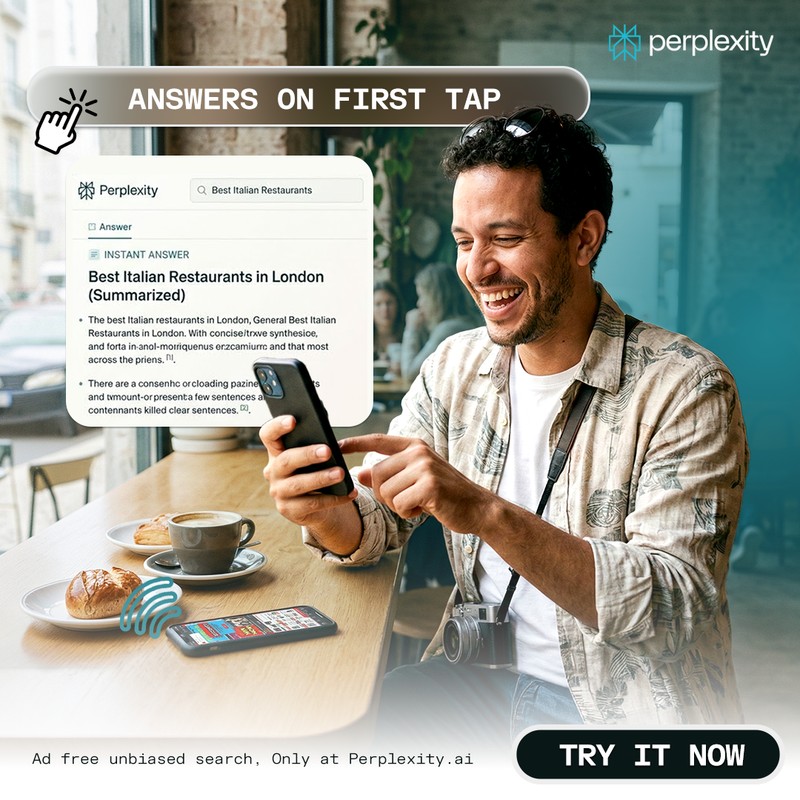 Perplexity creative reading Answers on First Tap with a man reading results on his phone at a cafe
