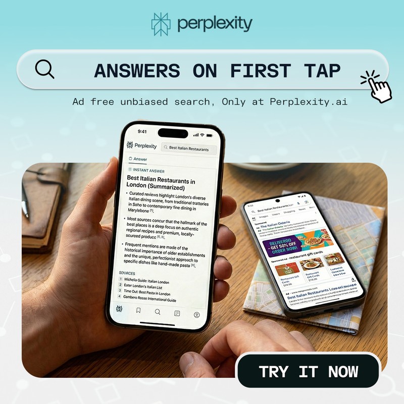 Perplexity creative showing two phone screens with a summarised restaurant answer