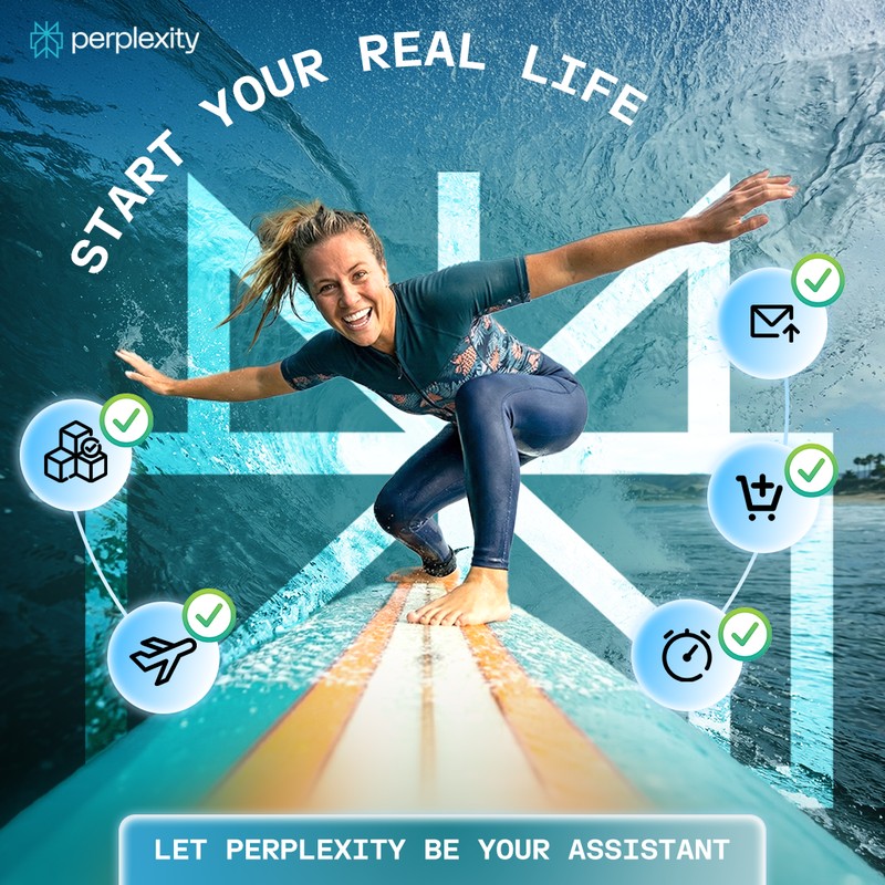 Perplexity creative reading Start Your Real Life with a woman running on a pool surface and task icons