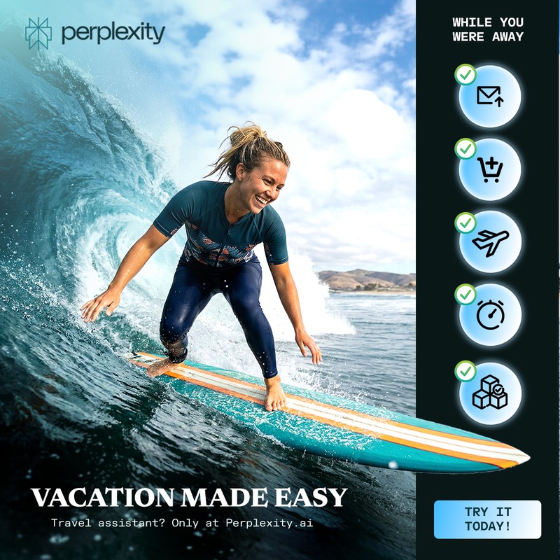 Perplexity creative reading Vacation Made Easy with a surfer and a checklist of travel tasks