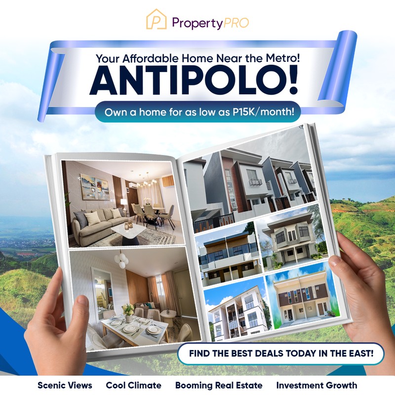 PropertyPRO creative showing an Antipolo home brochure held in two hands with scenic view labels